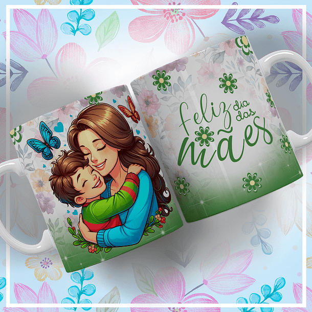 Arte Caneca Feliz Dia Das Mães Mãe E Filho Flores Verdes Arquivo Png