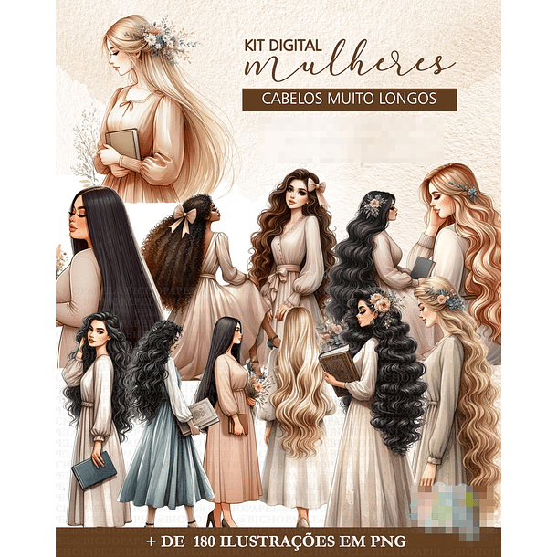 Kit Digital Mulher de Cabelos Compridos em Png   1