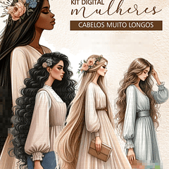 Kit Digital Mulher de Cabelos Compridos em Png  