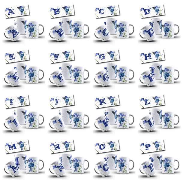 26 Artes para Caneca Alfabeto Flores Azul Arquivo Editável 3
