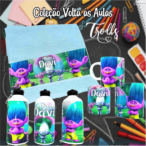 12 Artes para Caneca, Toalhinha e Squeeze Escolar Trolls Arquivo Editável 5