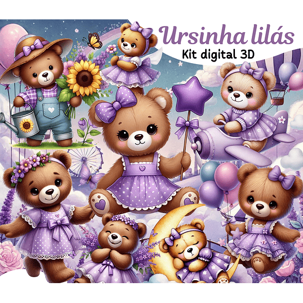Kit Digital Ursinha Lilás em Png