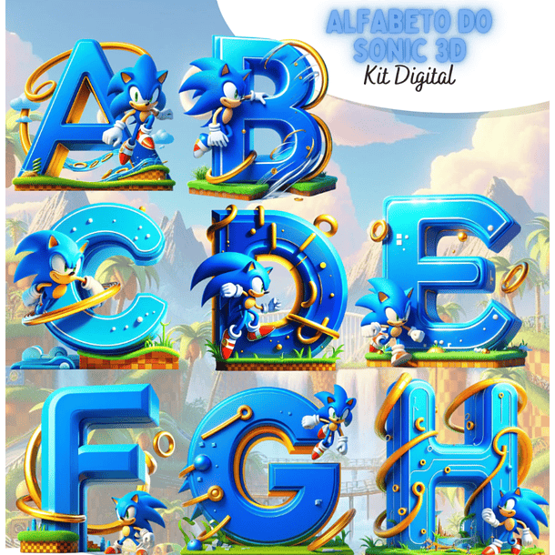 Kit Digital Alfabeto Sonic 3d Arquivo em Png