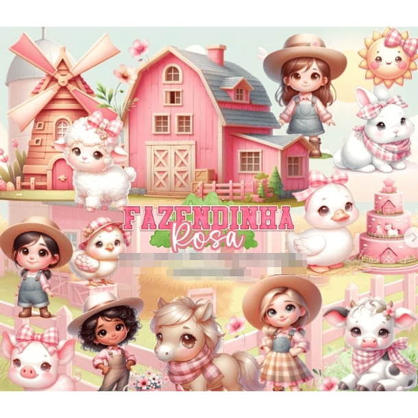 Kit Digital Fazendinha Rosa em Png