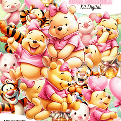 Kit Digital Ursinho Pooh Rosa Aquarela Arquivo em Png