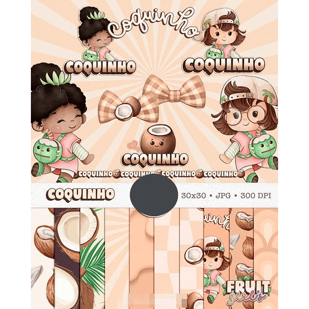 Kit Digital Boneca Cute Frutinhas Coco Aquarelado Png 