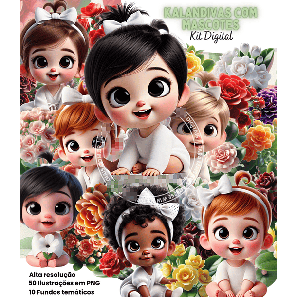 Kit Digital Flores Kalandivas com Mascotes Arquivo em Png 