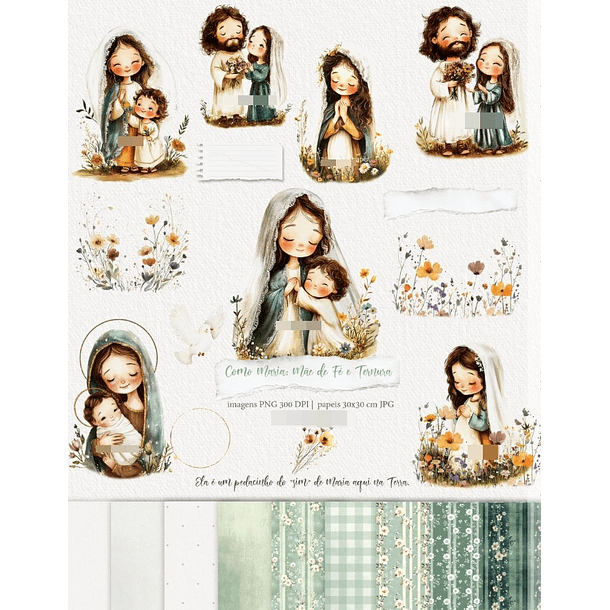 Kit Digital Maria Mãe de Fé e Ternura Aquarelado Png 