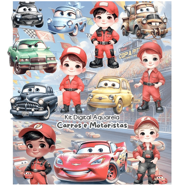 Kit Digital Carros da Disney Aquarela Arquivo em Png 