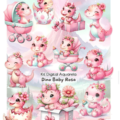Kit Digital Dinossauro Rosa  Aquarela Arquivo em Png 