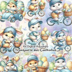 Kit Digital Coelho da Páscoa Transporte Rosa e Azul Arquivo em Png 