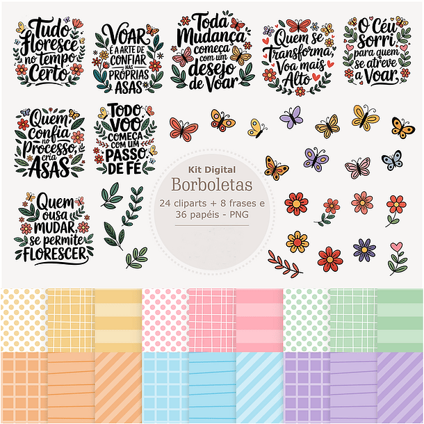 Kit Digital Borboletas e Frases em Png
