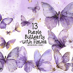 Kit Digital Borboleta Lilás Aquarela em Png