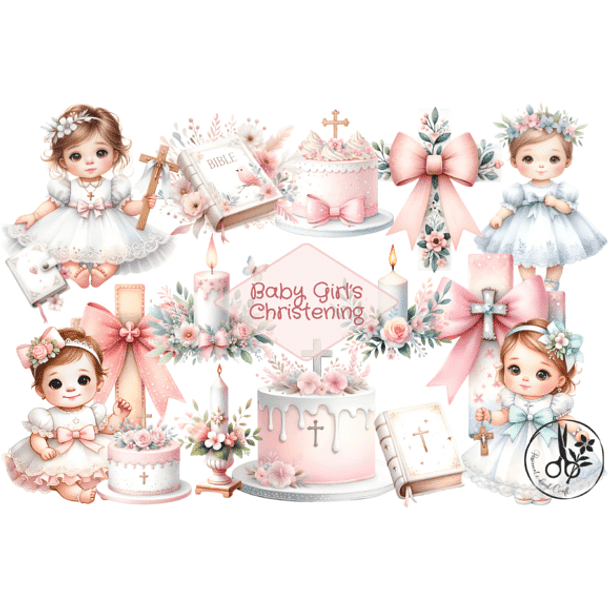 Kit Digital Batizado Menina Aquarela em Png 