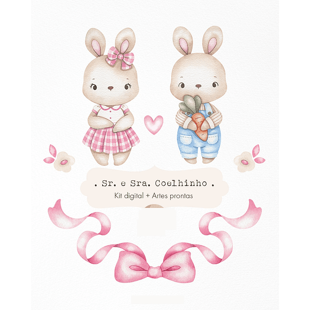 Kit Digital Senhor e Senhora Coelho Azul e Rosa em Png 1