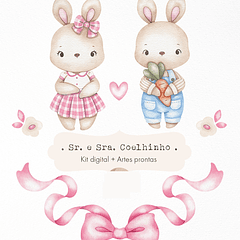 Kit Digital Senhor e Senhora Coelho Azul e Rosa em Png