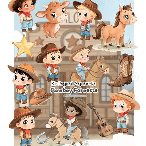 Kit Digital Cowboy Faroeste Aquarela em Png 
