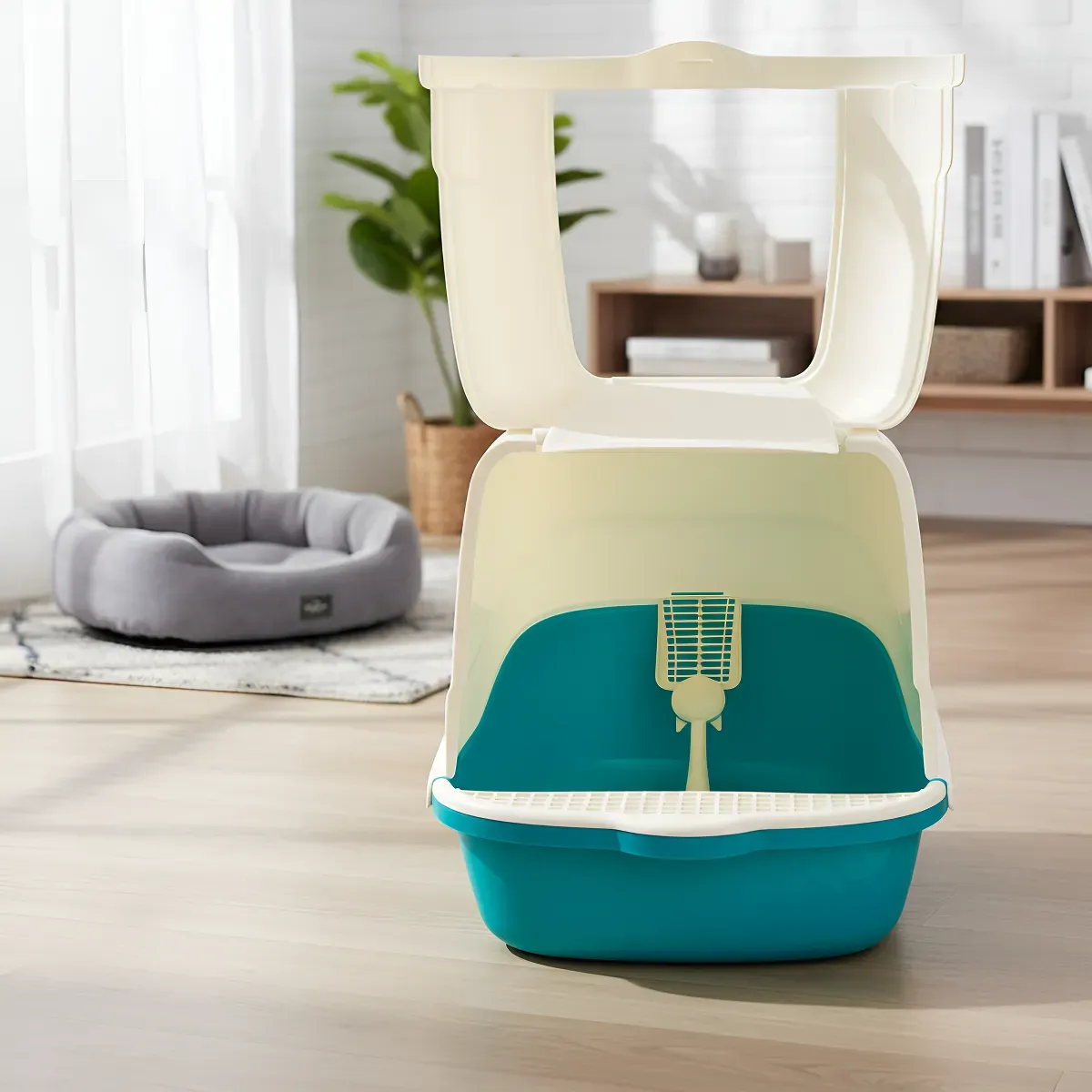 Arenero Para Gatos Cerrado Aguamarina con Filtro, Cernidor y Pala – LUJO