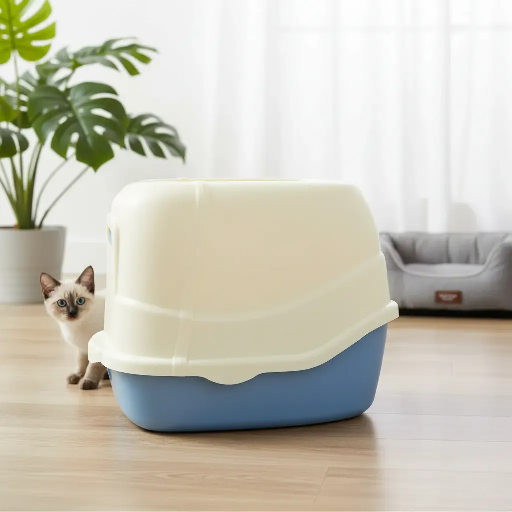 Arenero Para Gatos Cerrado Azul Pastel con Filtro, Cernidor y Pala – LUJO