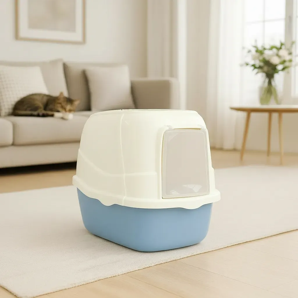 Arenero Para Gatos Cerrado Azul Pastel con Filtro, Cernidor y Pala – LUJO