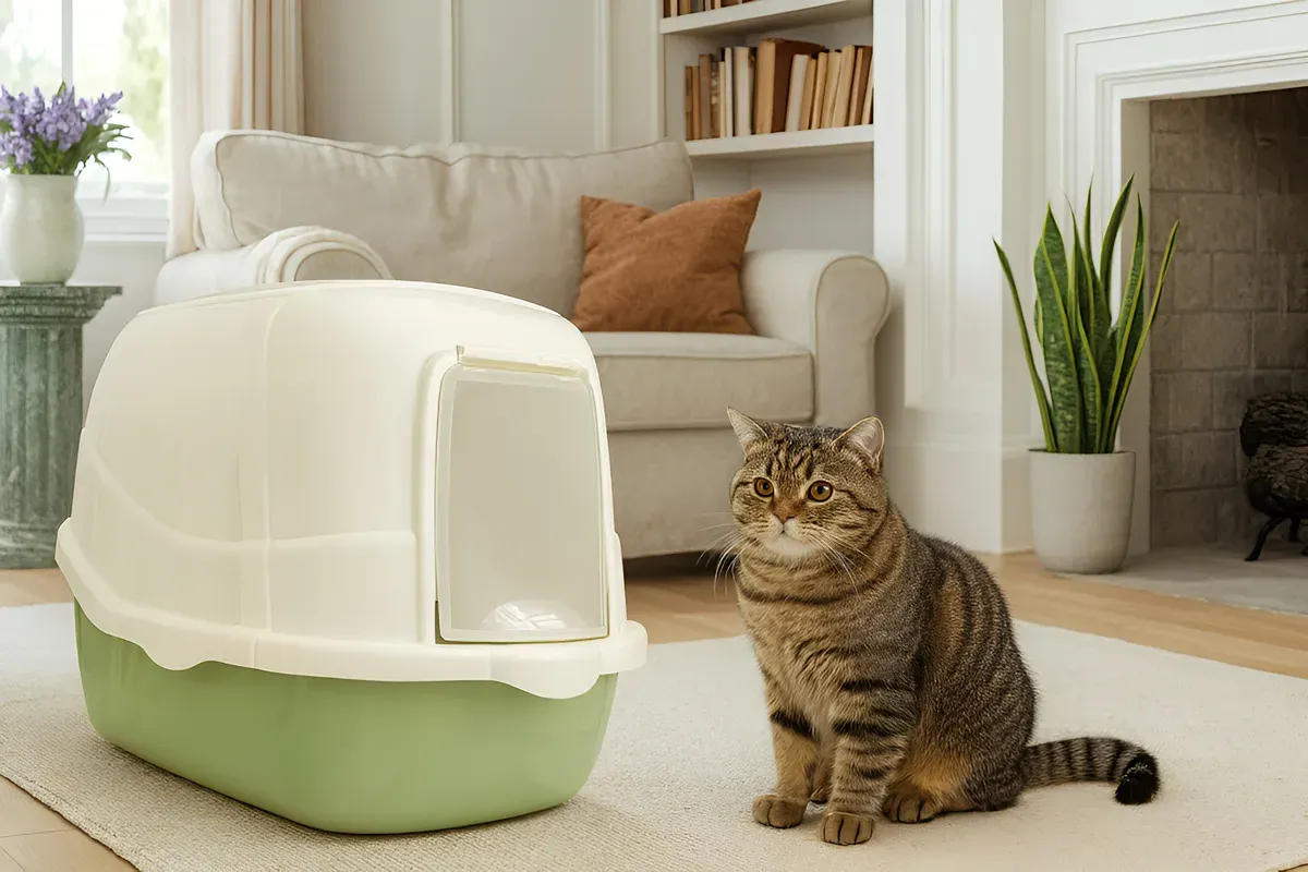 Arenero Para Gatos Cerrado Verde Pastel con Filtro, Cernidor y Pala – LUJO