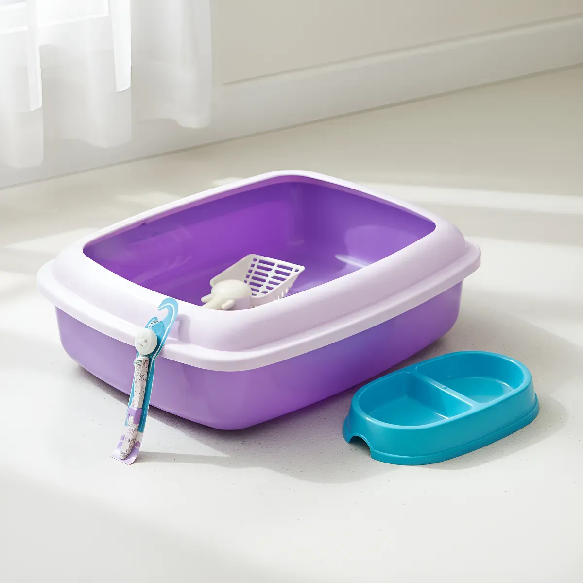 Arenero Sanitario Para Gato Borde Alto con Tapa Antiderrame + Kit Completo – Lila y Morado