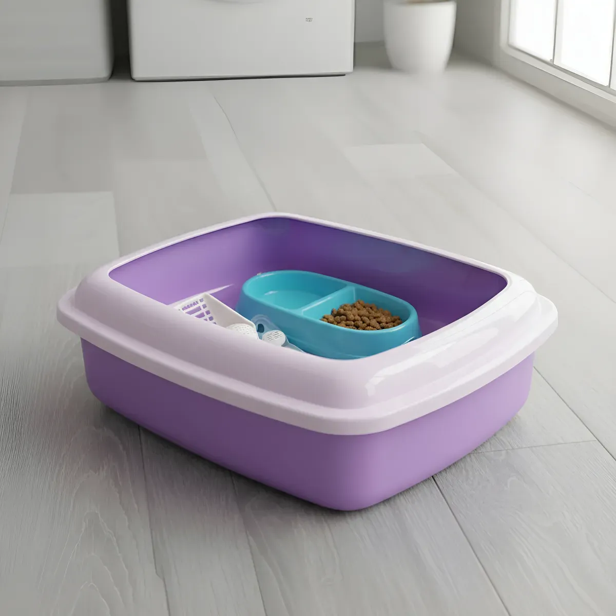 Arenero Sanitario Para Gato Borde Alto con Tapa Antiderrame + Kit Completo – Lila y Morado