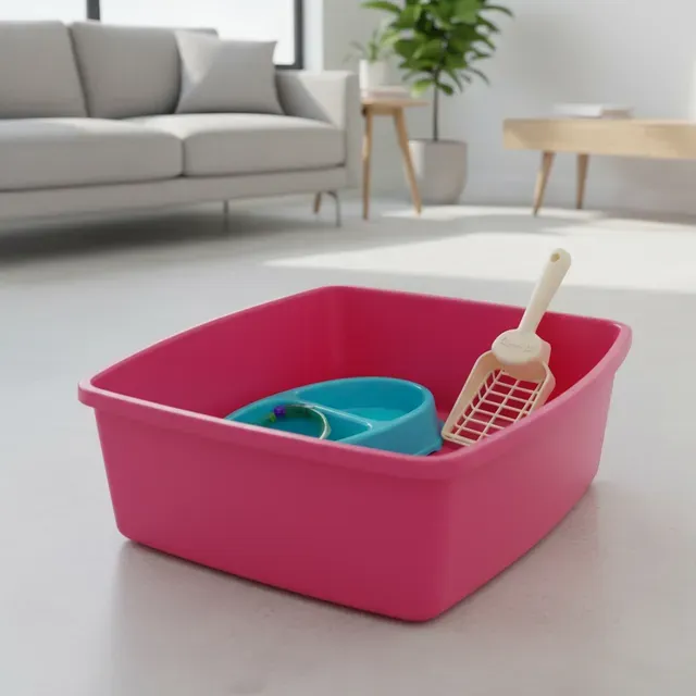 Arenero Pequeño Para Gato Fucsia con Kit Completo – Comedero, Bebedero, Pala y Collar