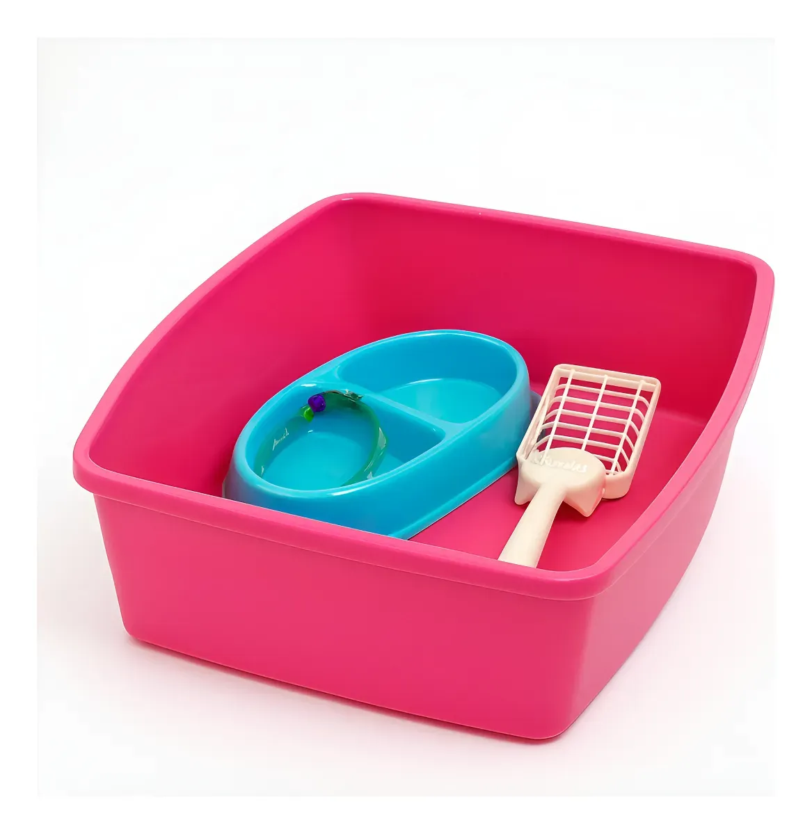 Arenero Pequeño Para Gato Fucsia con Kit Completo – Comedero, Bebedero, Pala y Collar