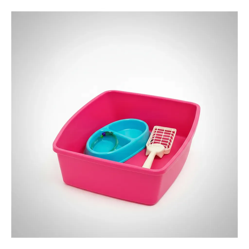 Arenero Pequeño Para Gato Fucsia con Kit Completo – Comedero, Bebedero, Pala y Collar