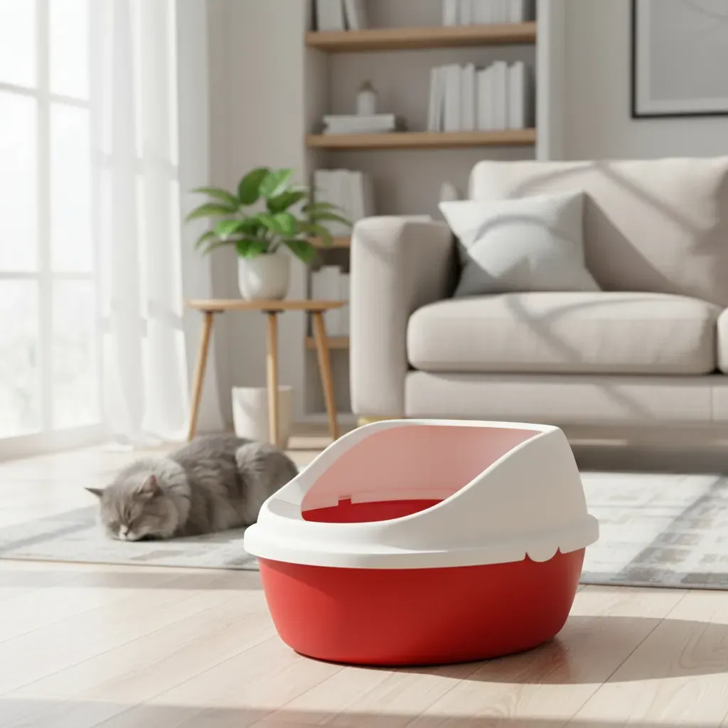 Arenero Ovalado Para Gatos Con Tapa Alta Y Pala Incluida Rojo/Beige