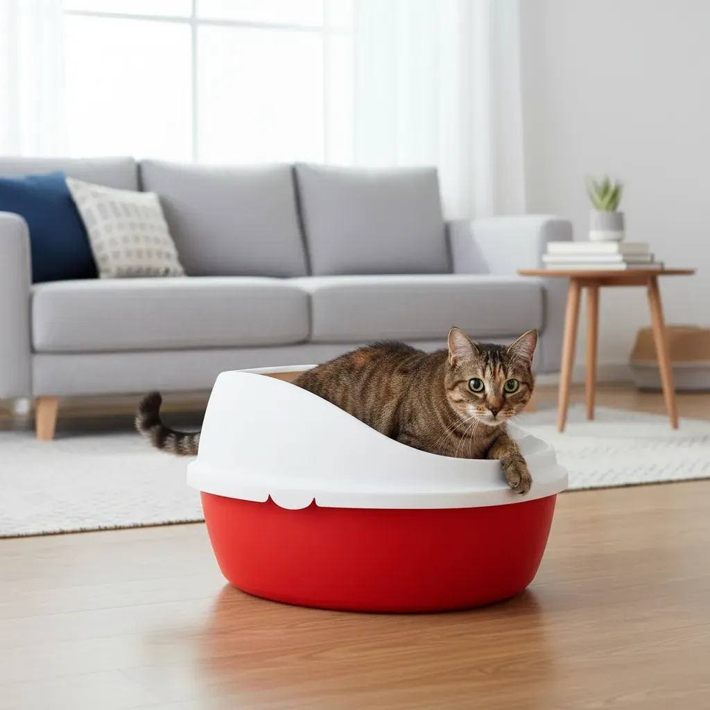 Arenero Ovalado Para Gatos Con Tapa Alta Y Pala Incluida Rojo/Beige