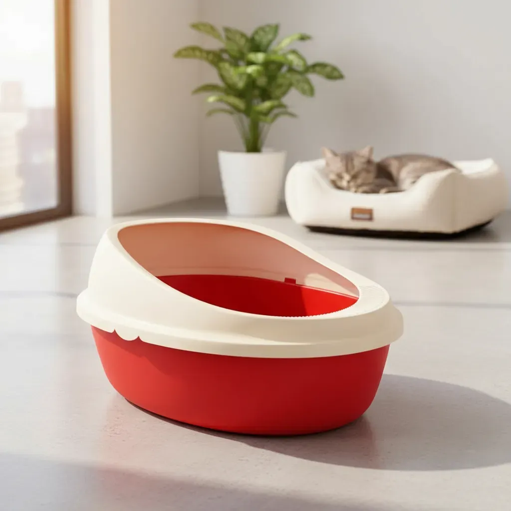 Arenero Ovalado Para Gatos Con Tapa Alta Y Pala Incluida Rojo/Beige