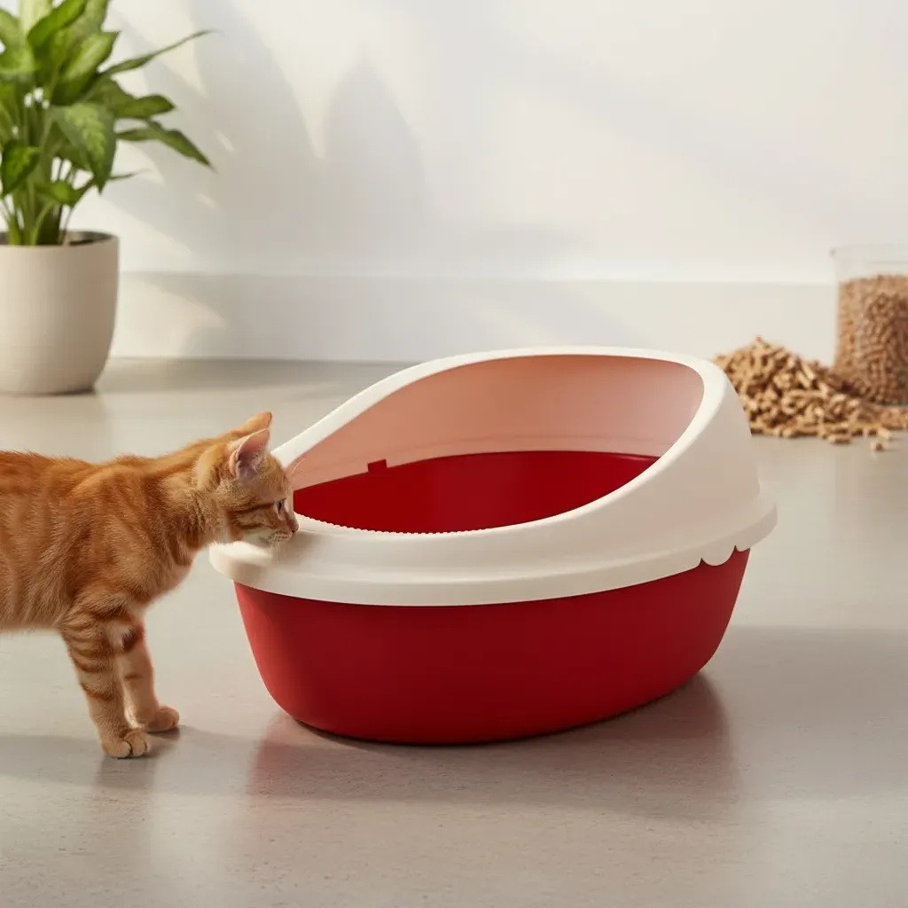 Arenero Ovalado Para Gatos Con Tapa Alta Y Pala Incluida Rojo/Beige