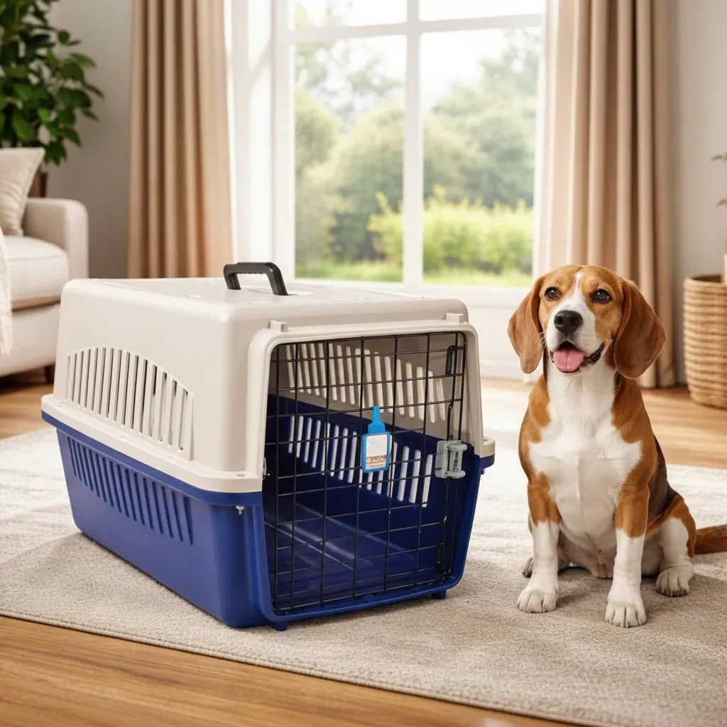 Guacal 60 cm Tipo 2 Para Perros Pequeños y Gatos Apto Para Avión – Transporte Seguro y Resistente - Beige/Azul