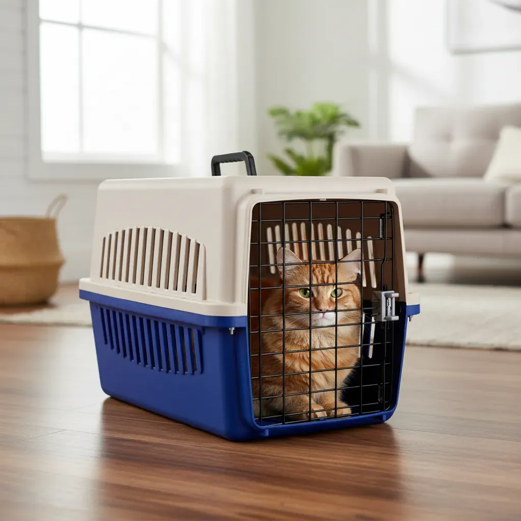 Guacal 60 cm Tipo 2 Para Perros Pequeños y Gatos Apto Para Avión – Transporte Seguro y Resistente - Beige/Azul