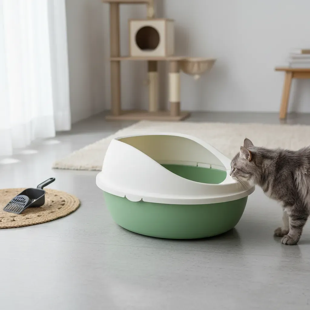 Arenero Ovalado para Gatos con Tapa Alta y Pala - Beige / Verde Pastel