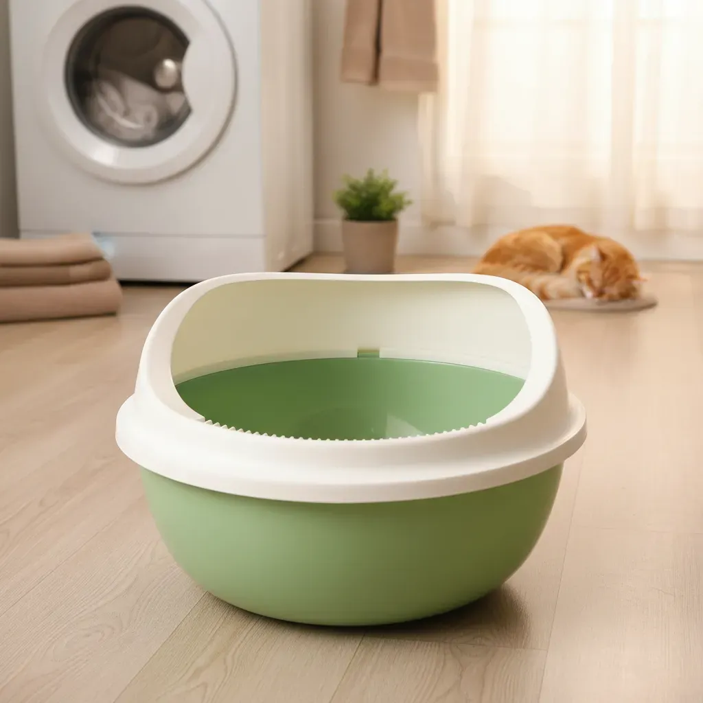 Arenero Ovalado para Gatos con Tapa Alta y Pala - Beige / Verde Pastel