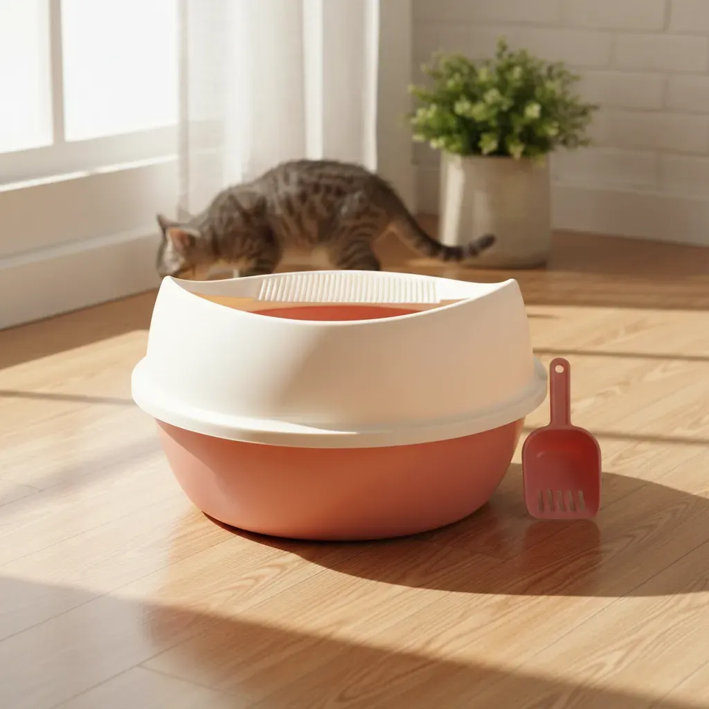 Arenero Ovalado para Gatos con Tapa Alta y Pala - Beige / Palo de Rosa