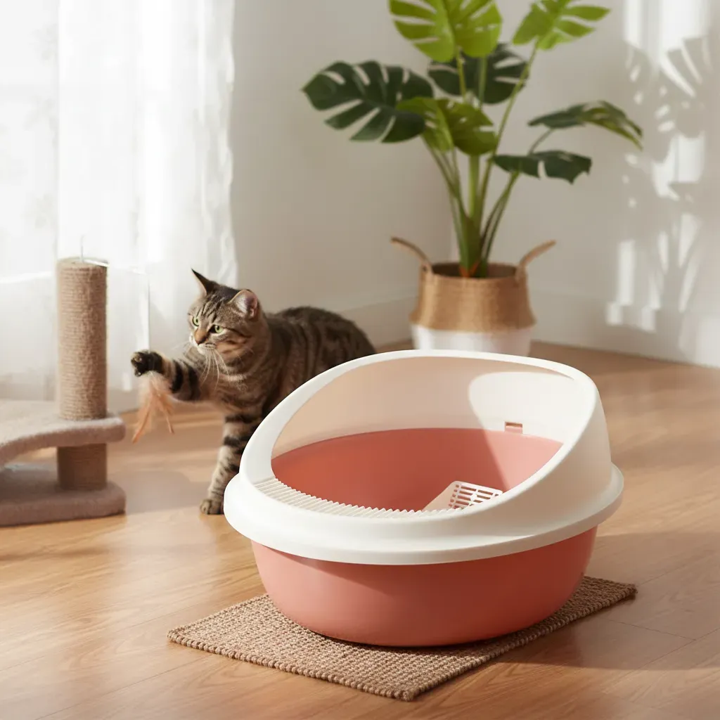 Arenero Ovalado para Gatos con Tapa Alta y Pala - Beige / Palo de Rosa