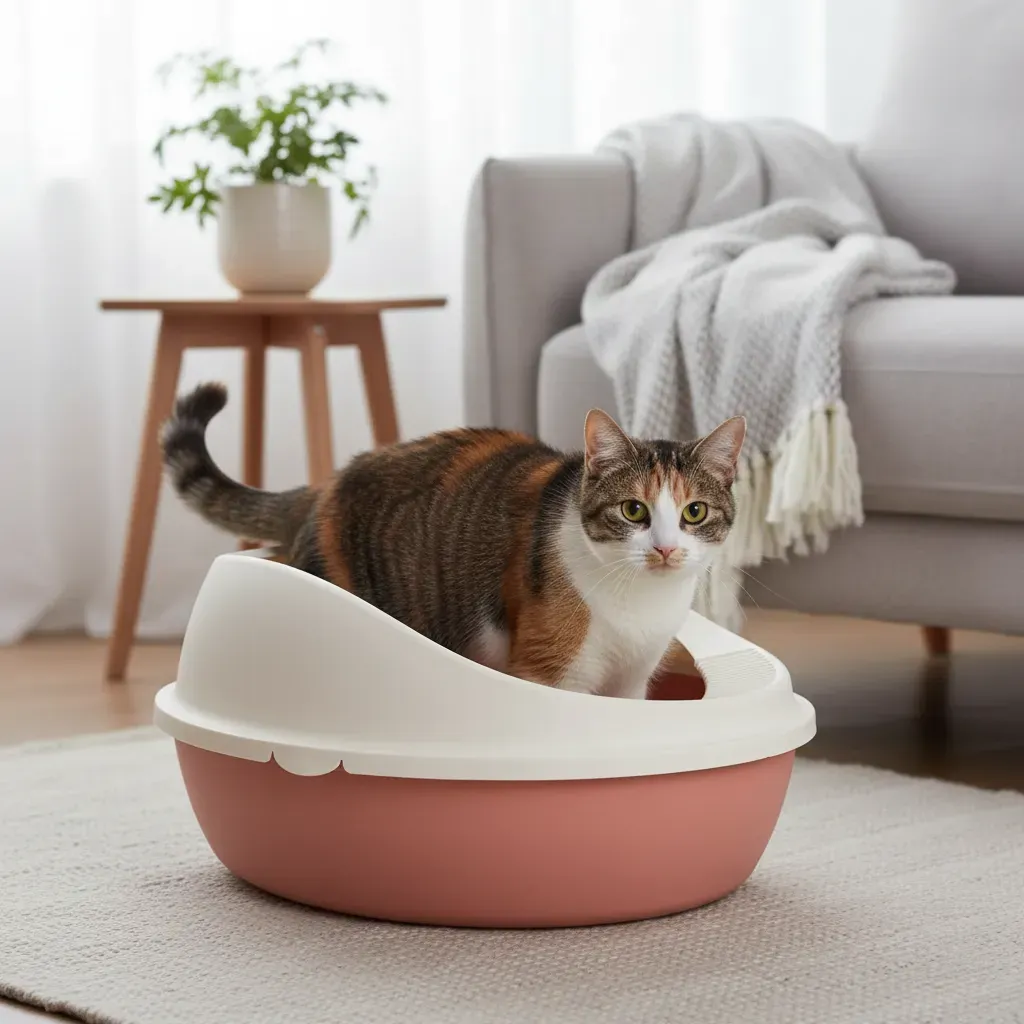 Arenero Ovalado para Gatos con Tapa Alta y Pala - Beige / Palo de Rosa