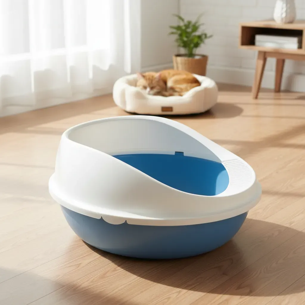 Arenero Ovalado para Gatos con Tapa Alta y Pala - Beige / Azul Pastel