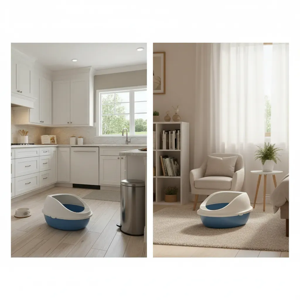 Arenero Ovalado para Gatos con Tapa Alta y Pala - Beige / Azul Pastel