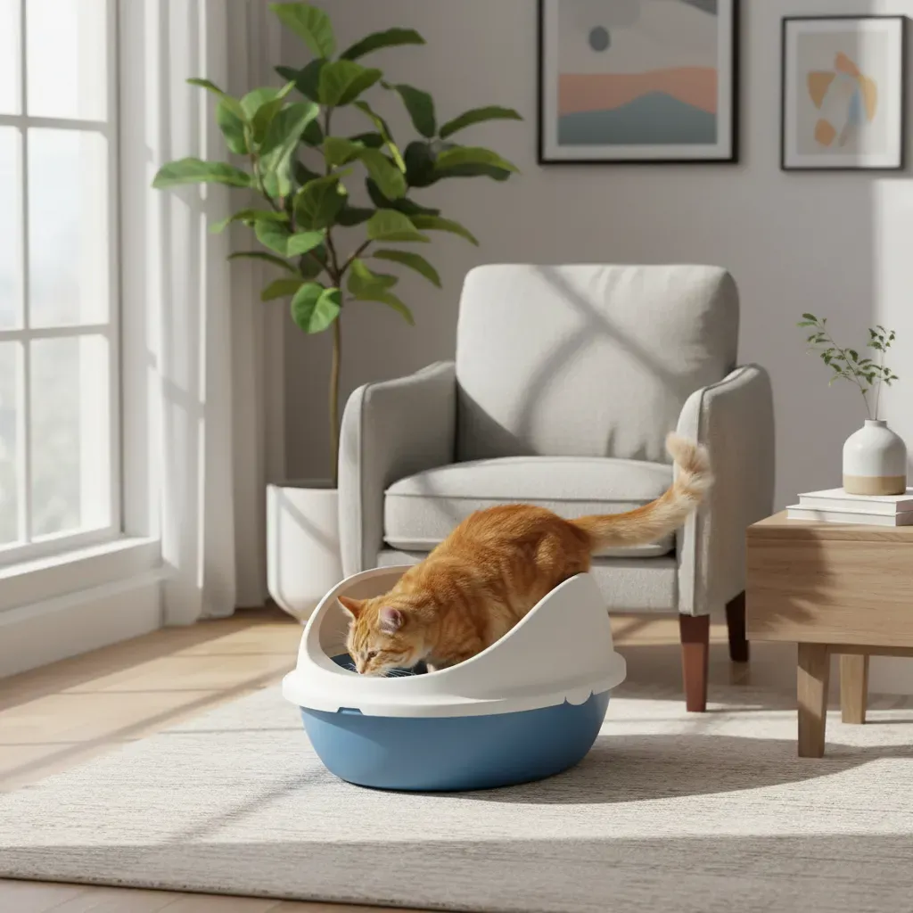 Arenero Ovalado para Gatos con Tapa Alta y Pala - Beige / Azul Pastel