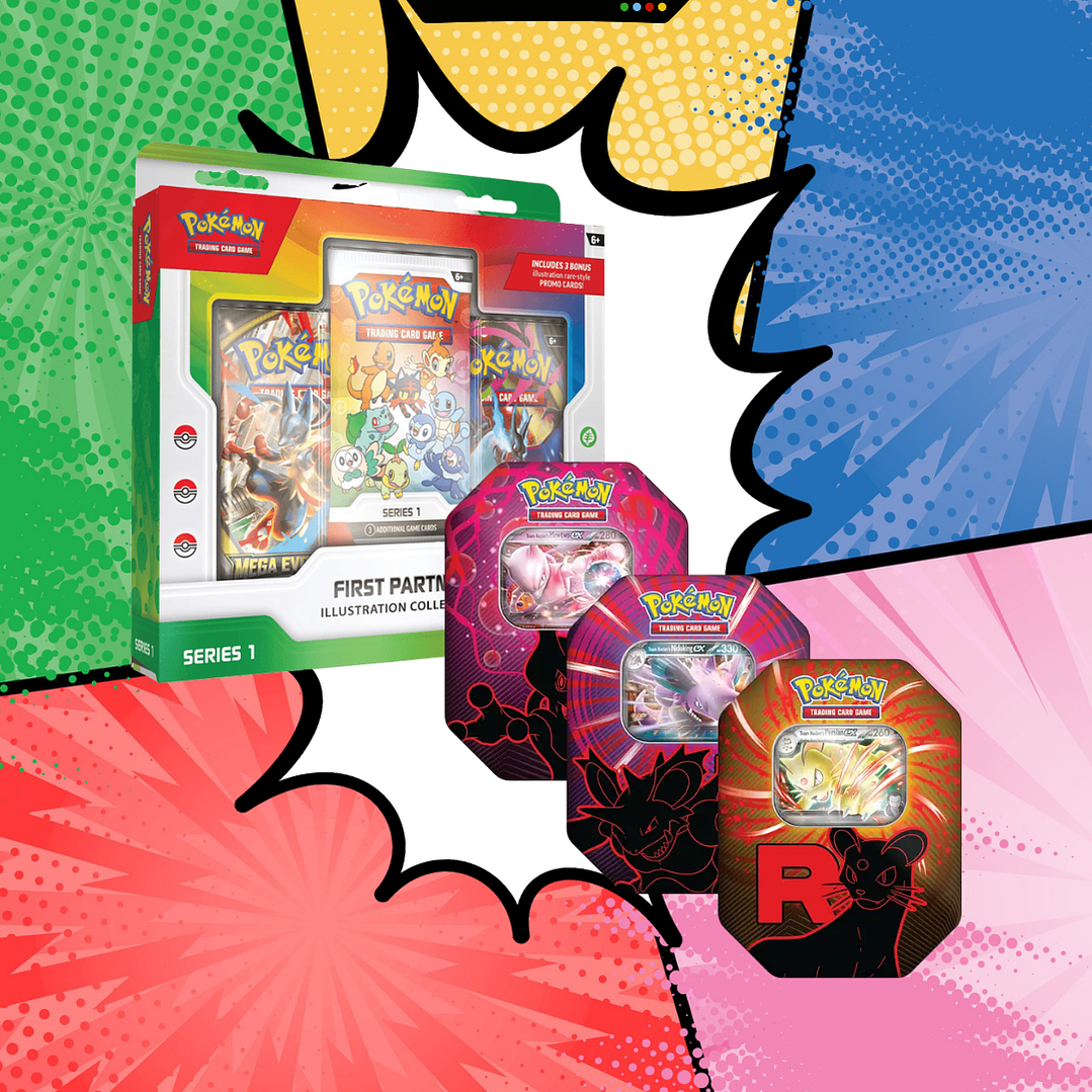 Pokémon TCG Mega Evolution – Pack 1 Tin Equipo Rocket Español al azar  + Colección 30 Aniversario First Partner Español 1