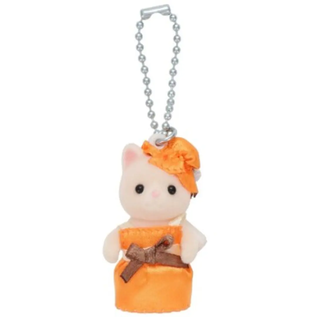 Sylvanian Families Silk Cat Baby Keychain – Orange Dress 1