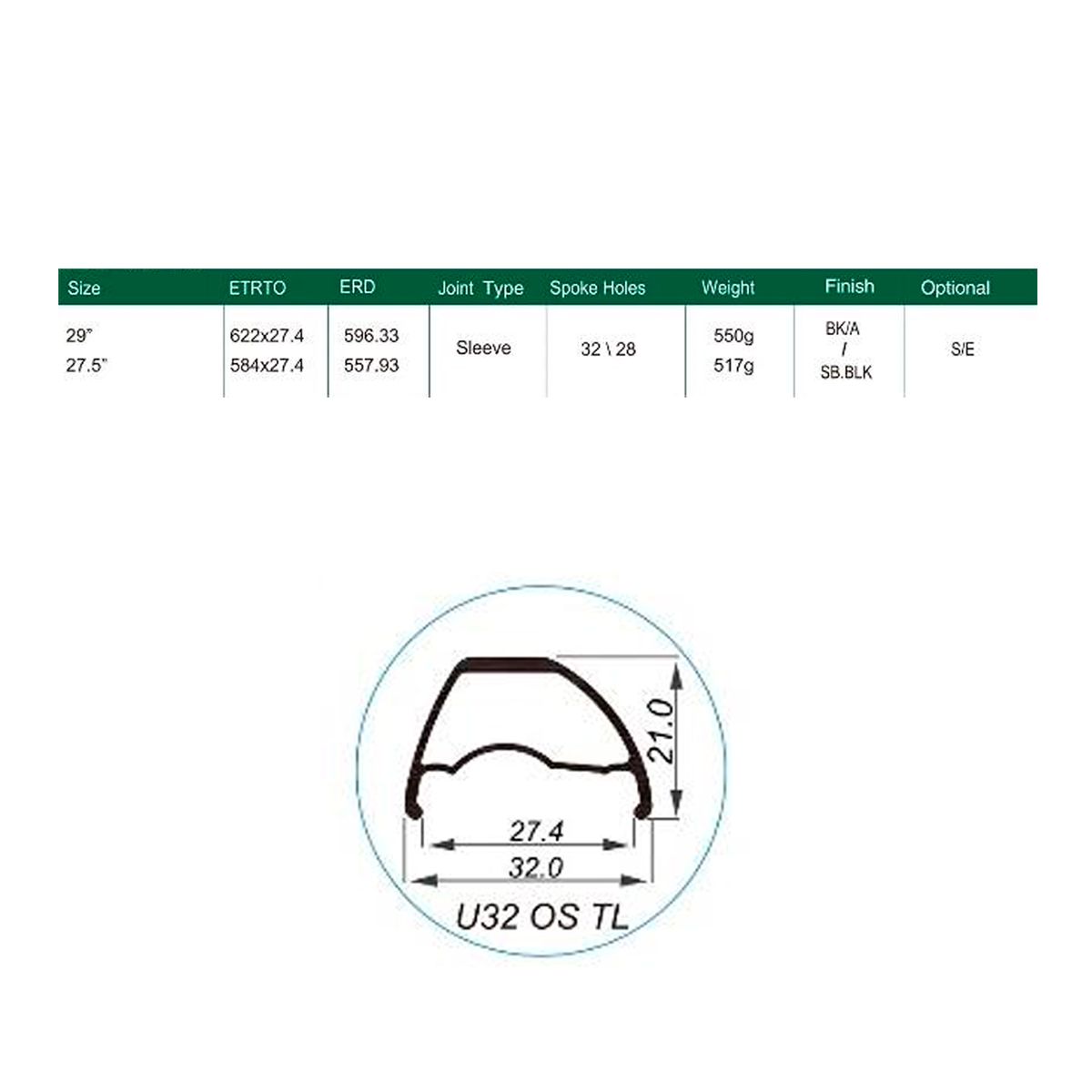 Llanta U32 TL OS 27.5 32h