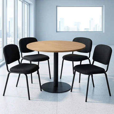 Comedor Reuniones Wood redondo 80 cm con 4 Sillas ISO Meeting Tela Lino Negras