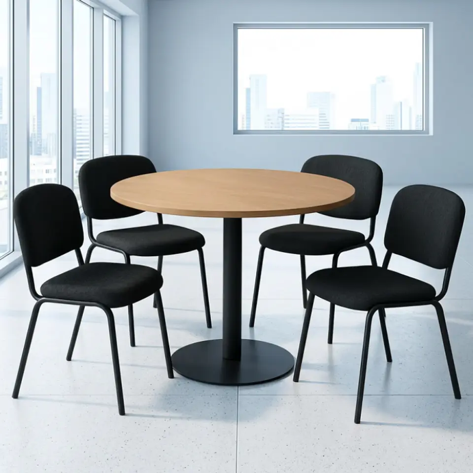 Comedor Reuniones Wood redondo 80 cm con 4 Sillas ISO Meeting Tela Lino Negras 1