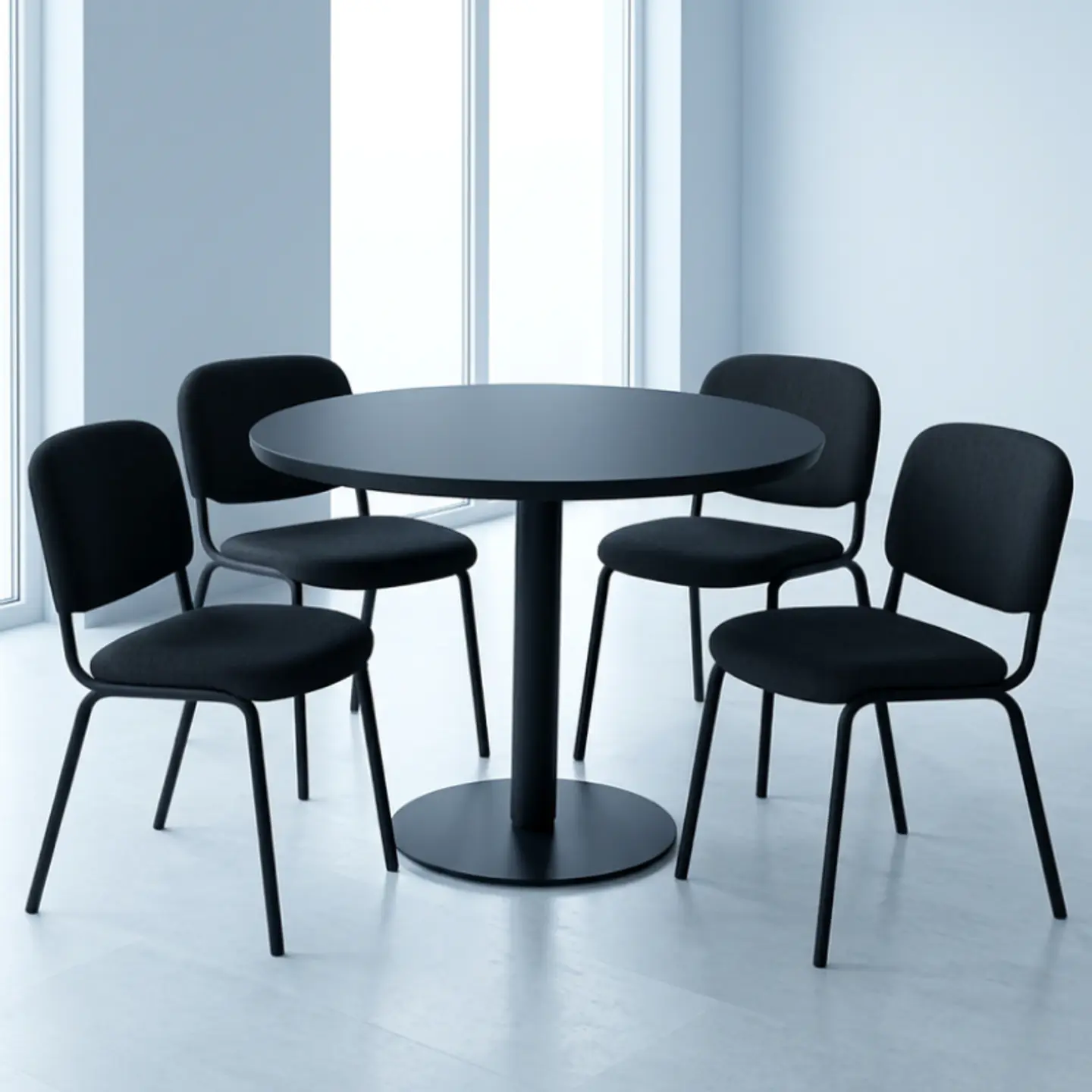 Comedor Reuniones Negro redondo 100 cm con 4 Sillas ISO Meeting Tela Lino Negras 1